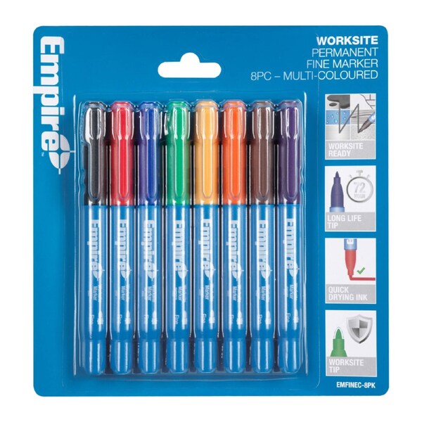 Empire Multi-Coloured Permanent Marker 8 Pack, Fast-Dry Water-Resistant Ink