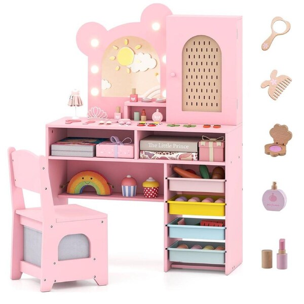 Giantex Kids Vanity Set w/Chair 3-Color Lighted Mirror Drawers & Open Shelves 2-in-1 Wooden Princess Makeup Dressing Table &Stool for Little Girls 3+ Years