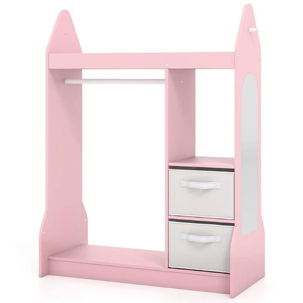 Giantex Kids Clothing Rack w/Mirror & Foldable Fabric Bins Play Armoire Dresser w/Hanging Rod Top Shelf & Open Shelves Toddler Dress-Up Storage Organizer