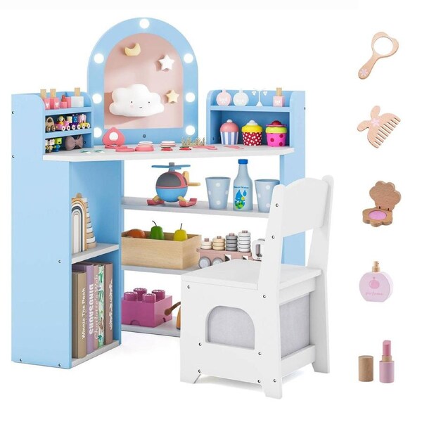 Giantex Corner Kids Vanity Set w/Lights Princess Wooden Dressing Table & Chair Lighted Mirror 3 Storage Shelves 5 Open Compartments Detachable Fabric Bin