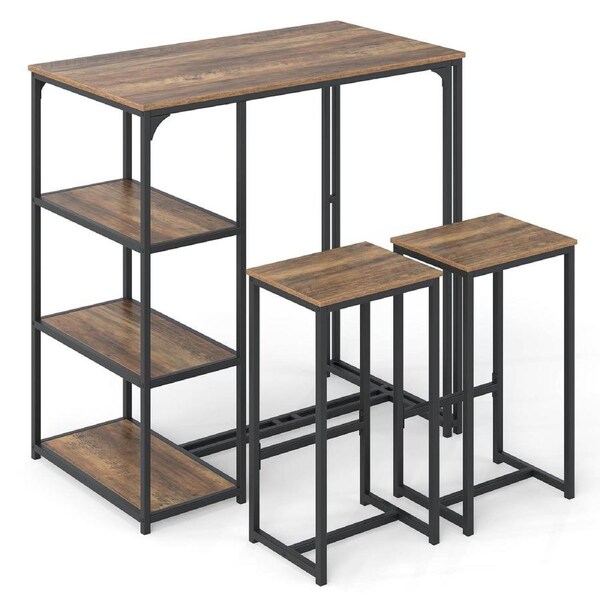 Giantex 3-Piece Space-Saving Bar Table Set for 2 w/2 Stools 3 Storage Shelves Metal Frame & MDF Top Compact Counter-Height Dining Furniture for Kitchen