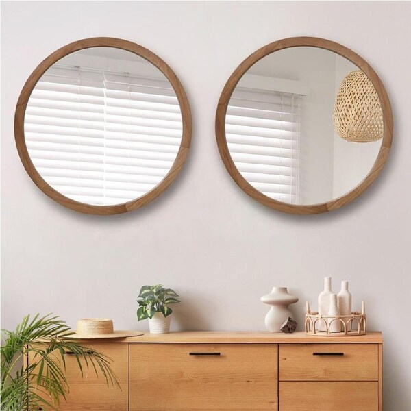 Oikiture Wall Mirrors Round Home Decor 90cm Walnut Set of 2
