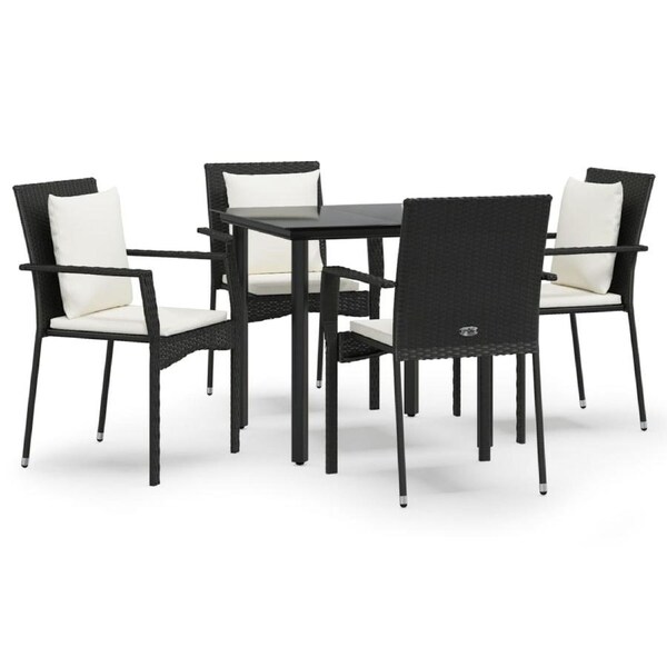 5 Piece Garden Dining Set with Cushions Black Poly Rattan vidaXL