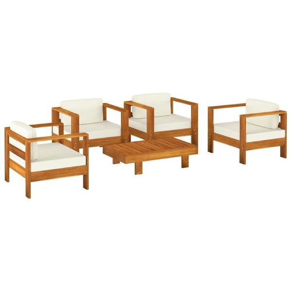 5 Piece Garden Lounge Set with Cream White Cushions Solid Wood vidaXL