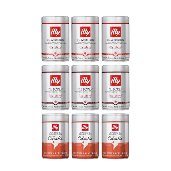 Illy Whole Bean Coffee Variety Pack 2.25kg (Classico, Intenso & Colombia - 9 x 250g)