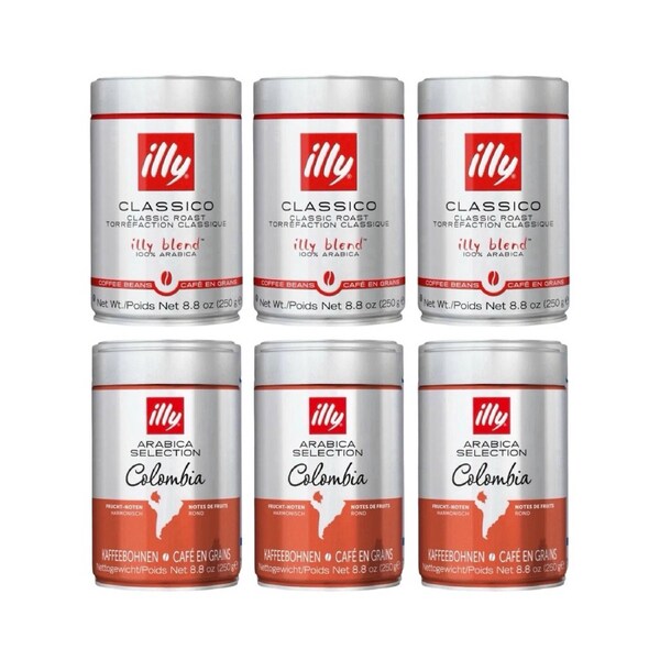 Illy Whole Bean Coffee Variety Pack 1.5kg (Classico & Colombia – 6 x 250g)