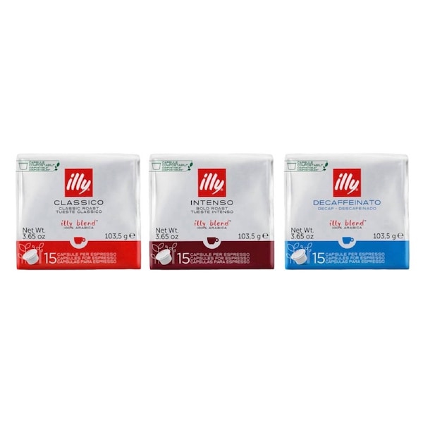 Illy MPS Coffee Capsules Variety Pack 45 Pack (Classico, Intenso & Decaf - 3 x 15)