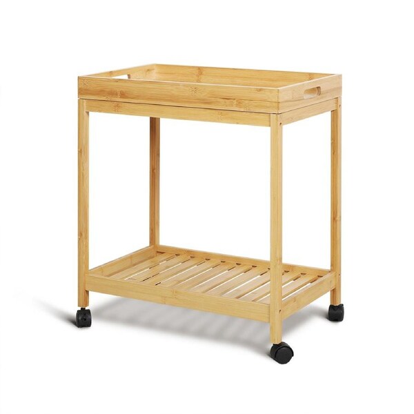 Hellofurniture Colin Bamboo 2-Tier Kitchen Serving Cart Trolley Natural