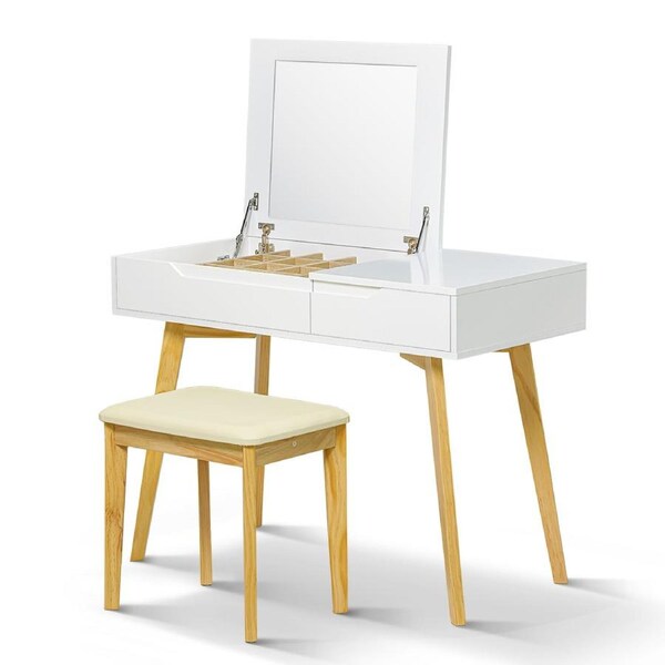Hellofurniture Naan Mirrored Dresser Table White With Jewelry Cabinet