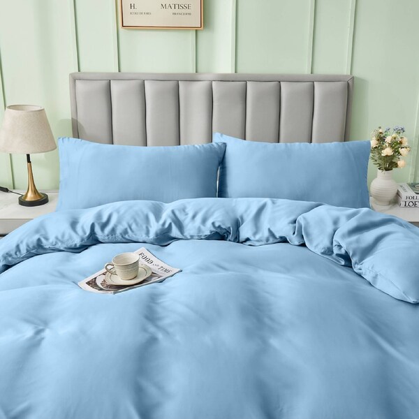 LINENOVA 100% Natural Bamboo Quilt Cover Set Breathable Silk Soft Comfort Home Bedding For All Seasons Delicate Blue / King