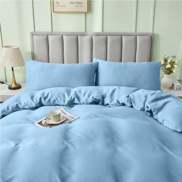 LINENOVA 100% Natural Bamboo Quilt Cover Set Breathable Silk Soft Comfort Home Bedding For All Seasons Delicate Blue / Super King