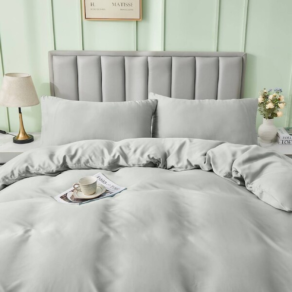 LINENOVA 100% Natural Bamboo Quilt Cover Set Breathable Silk Soft Comfort Home Bedding For All Seasons Silver / Queen