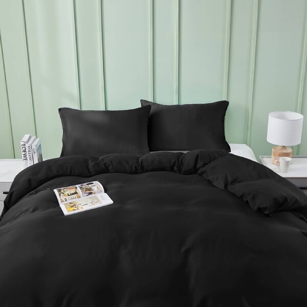 LINENOVA 100% Natural Bamboo Quilt Cover Set Breathable Silk Soft Comfort Home Bedding For All Seasons Black / Single