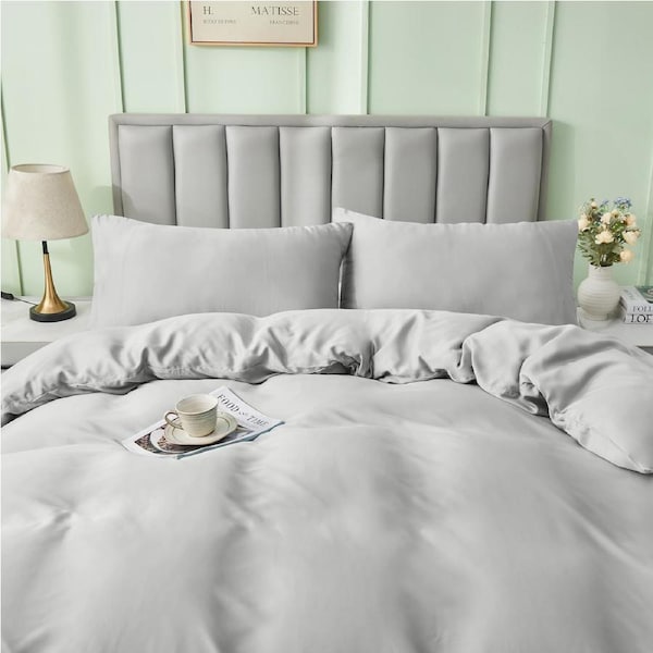 LINENOVA 100% Natural Bamboo Quilt Cover Set Breathable Silk Soft Comfort Home Bedding For All Seasons Silver Grey / Queen