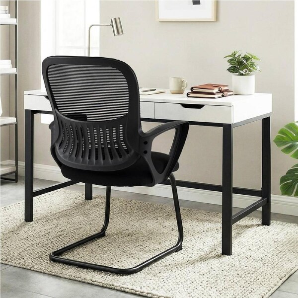 Giantex Reception Chair No Wheels w/Breathable Mesh Back Ergonomic Mid-Back Office Guest Chair w/Comfortable Padded Seat Lumbar Support