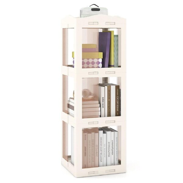 Giantex Foldable 3-Tier Rotating Bookshelf Tower w/360° Swivel Base Tall Corner Spinning Bookcase Clear Modern Storage Organizer Space-Saving Display Rack