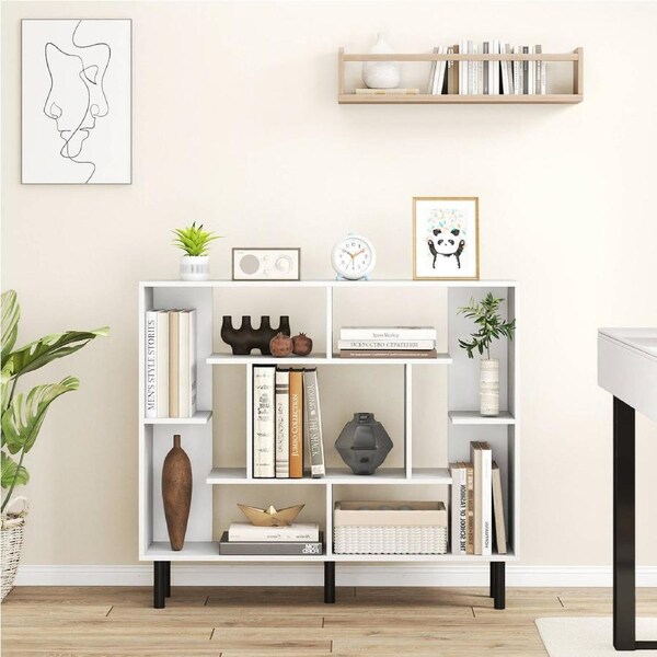 Giantex Mid Century Modern Wooden Bookshelf w/Metal Legs Freestanding Geometric Cube Storage Organizer Open Shelf Display Rack for Living Room or Office