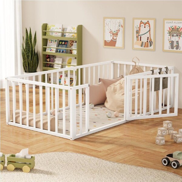 Oikiture 2-in-1 Kids Bed Frame Single Toddler Play Centre Guard Fence Gate White