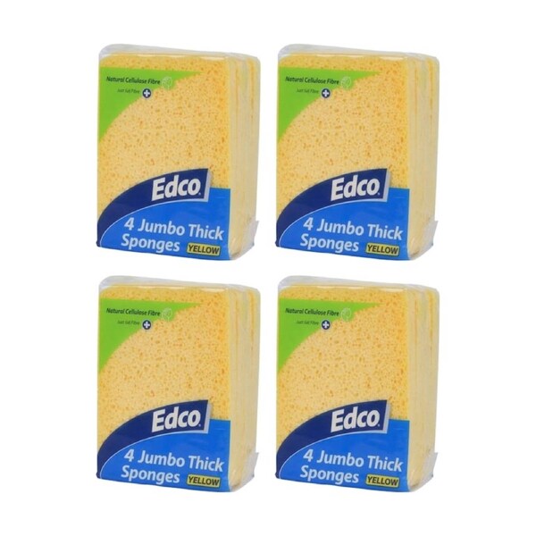 4x 4pc Edco Super Absorbent Natural Cellulose Jumbo Thick Sponges Yellow