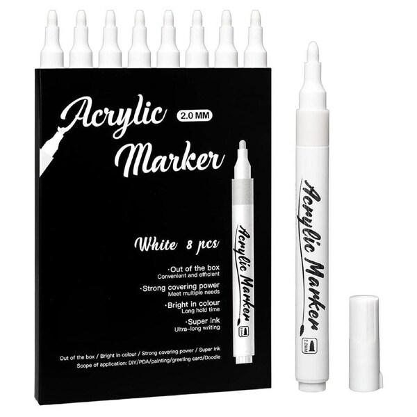 HOLALA White Markers Pen 8 Pack Fine Tip Acrylic White Permanent Markers