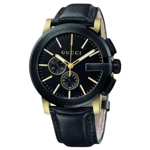GUCCI G-Chrono 44mm Black Gold Leather Analog Men's Watch YA101203