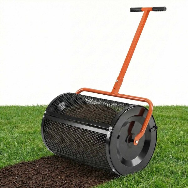 Costway Compost Spreader 61cm Peat Moss Spreader Roller Adjustable T Handle Metal Basket Seeding Planting Garden Orange