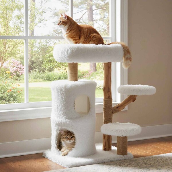 Costway Modern Cat Tree 93CM Tower w/Real Wood Branches Scratching Posts 2 Storey Condo Plush Perch Platforms Pet