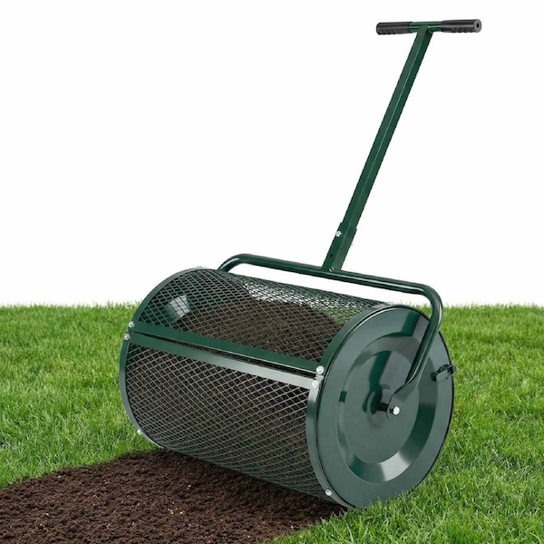 Costway Compost Spreader 61cm Peat Moss Spreader Roller Adjustable T Handle Metal Basket Seeding Planting Garden Green