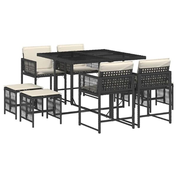 9 Piece Garden Dining Set with Cushions Black Poly Rattan vidaXL