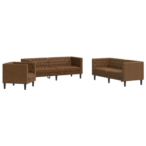 3 Piece Chesterfield Sofa Set Brown Faux Suede Leather vidaXL