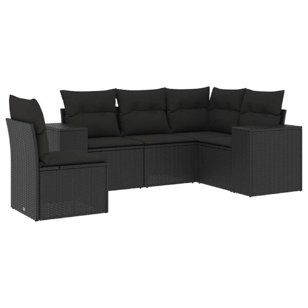 5 Piece Garden Sofa Set with Cushions Black Poly Rattan vidaXL