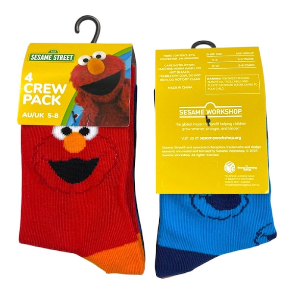 Sesame Street - Elmo & Cookies Monster 4 Crew Pack Socks Shoe Size 5 - 8