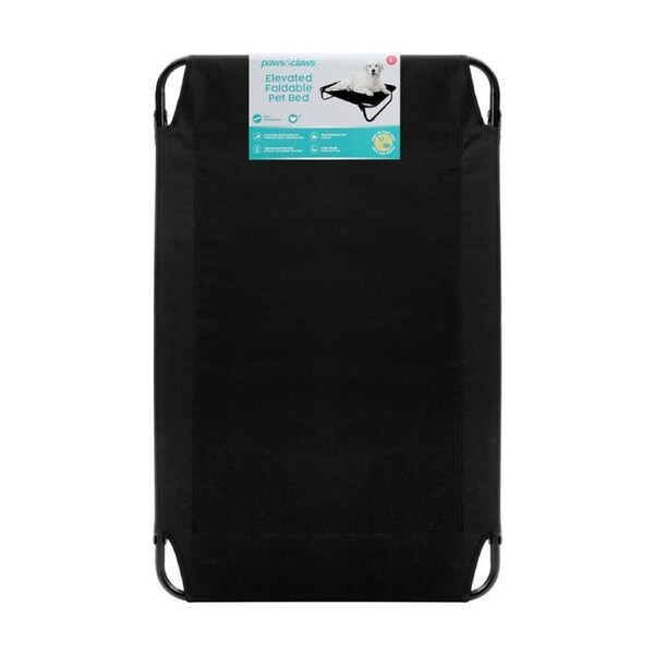 Foldable Elevated Pet Bed Lge 105x65x18cm - Strong Durable Frame - Hygienic - Assembly Required - Paws And Claws Black Metal Frame Fabric Surface - Portable Indoor Outdoor Pet Bed.