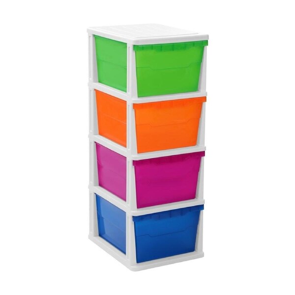 STAKIT MEGA 4 DRAWER STORAGE UNIT - Vibrant Coloured Durable Plastic Organizer - 38X48X103CM - Easy Assembly With Safety Warning