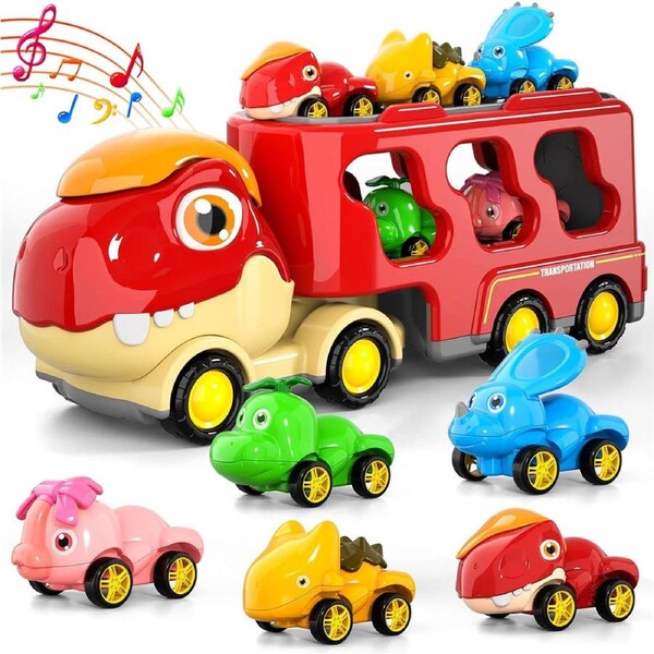 HOLALA 6 in 1 Dinosaur Truck Toys with Light and Sound for Kids Aged 3-9 Friction Power Toy Car