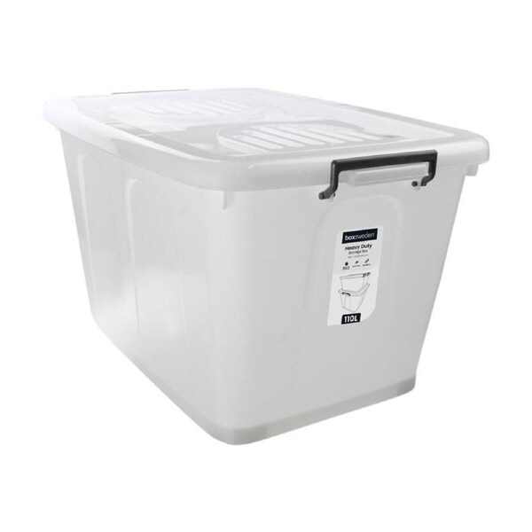Heavy Duty Storage Box 110L 73.5x51x42cm Built-In Wheels Secure Clip Lock Lid Durable Plastic Boxsweden Storage Container for Home Organisation Warehouse Use.