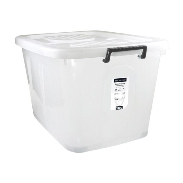 Boxsweden Heavy Duty Storage Box 130L 78.5x56.5x46cm Wheels Clip Lock Lid Durable Design Plastic White Storage Container Home Organisation Storage Solution.