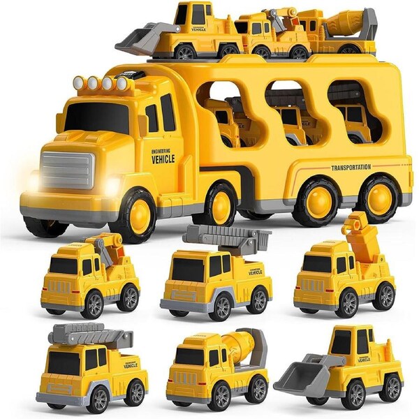 HOLALA 7 in 1 Construction Truck Toys with Light and Sound for Kids Aged 3-9 Friction Power Toy Car