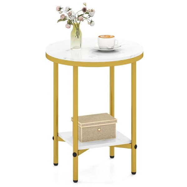 Giantex Modern 2-Tier Round Side Table w/Faux Marble Top & Bottom Shelf Heavy-Duty Metal Frame Accent End Table for Living Room Bedroom Office White & Gold