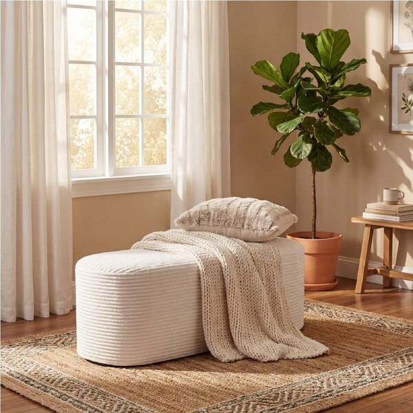 Giantex 120cm Modern Upholstered Ottoman Bench w/Corduroy Fabric & High-Density Sponge Oval End-of-Bed Stool Padded Entryway Seat Beige Plush Footrest
