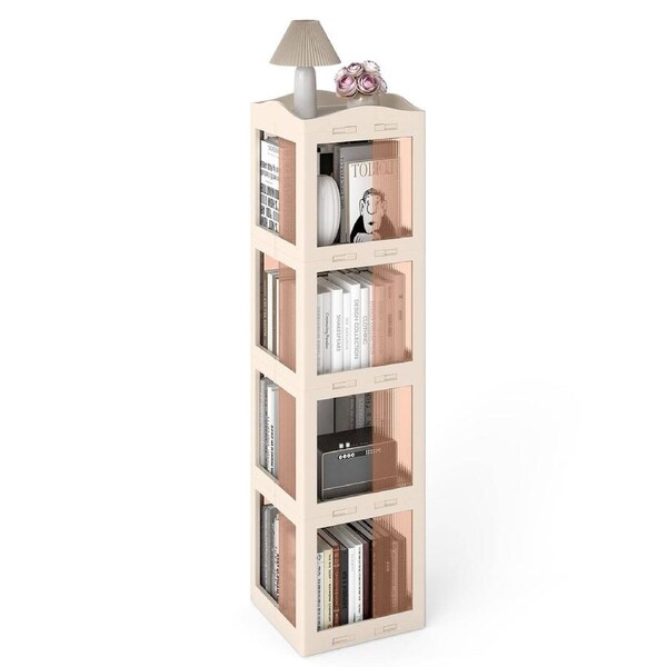 Giantex Foldable 3-Tier Rotating Bookshelf Tower w/360°Swivel Base Space-Saving Revolving Bookcase for Living Room Bedroom Modern Clear Storage Organizer