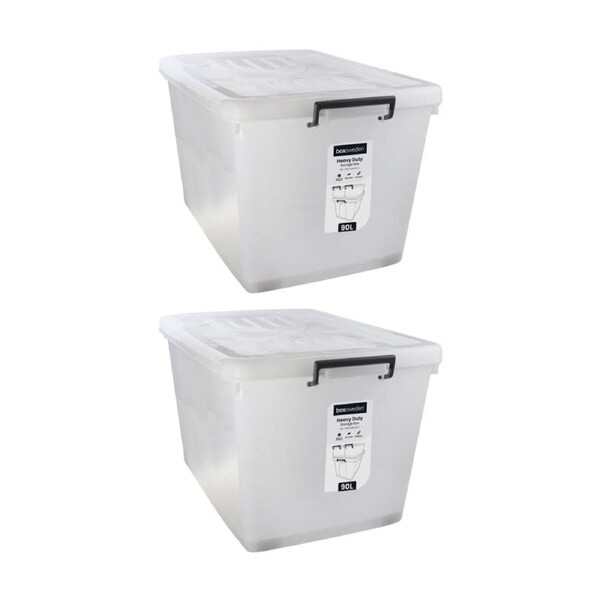 2x Boxsweden Heavy Duty Organisation Storage Box W/ Wheels Clear 90L