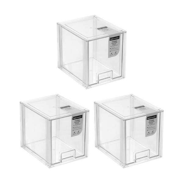 3x Boxsweden Crystal Stackable Drawer Organisation Storage Container Clear 4L