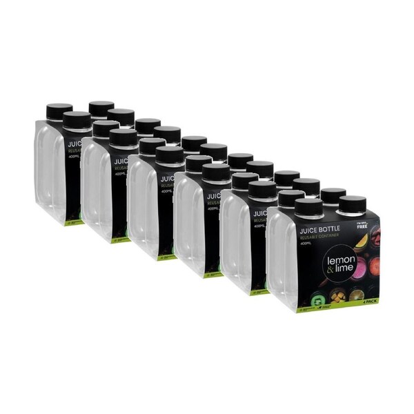 6x 4pc Lemon And Lime Reusable Clear Refrigerator Safe Juice Drink Bottle Set 400ml