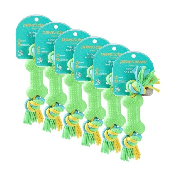6x Paws And Claws Tshirt Rope & TPR Bone Pet Dog Chew/Tug Toy 20x5x2.5cm Assorted