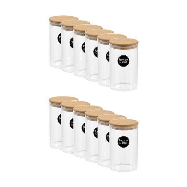 12x Lemon And Lime Camden Ribbed Glass Jar Bamboo Lid Food Storage Container 1050ml
