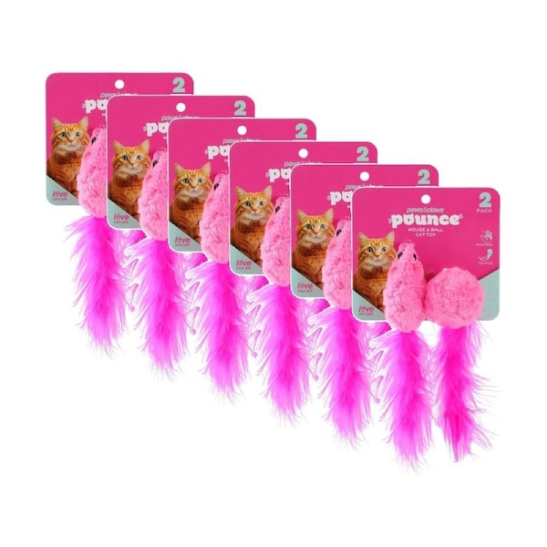 6x 2pc Paws And Claws Mouse & Ball Feather Cat Batting/Pouncing Toy Set Assorted