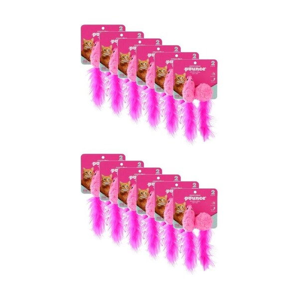 12x 2pc Paws And Claws Mouse & Ball Feather Cat Batting/Pouncing Toy Set Assorted