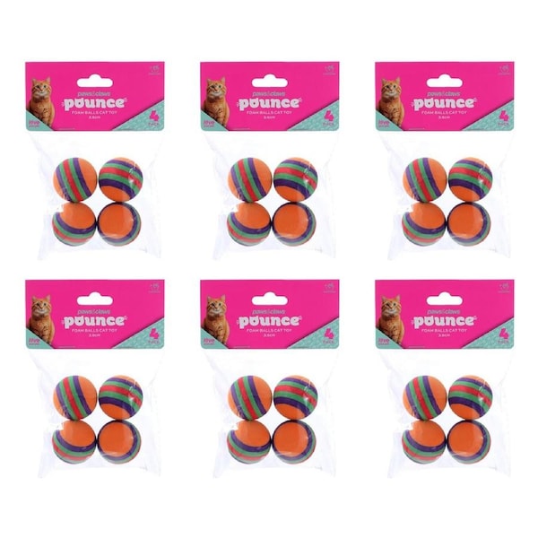 6x 4pc Paws And Claws Stripe Foam Balls Cat Batting/Pouncing Toy Set Assorted