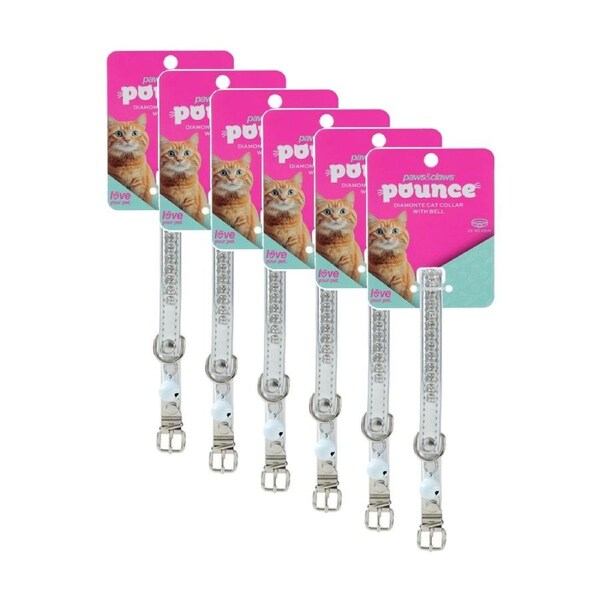 6x Paws And Claws Pounce Diamonte Cat Bell Collar 22-30x1cm Assorted